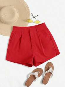 Shorts diarios tejidos de unicolor para mujer, sencillos - Rojo - Ver 6