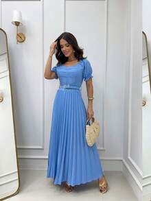 Women's Long Pleated Dress With Padded Cups, Elasticated Waist, Belt, Excellent Fit, Elegant, Soft Fabric - Màu xanh nhạt - Xem 2