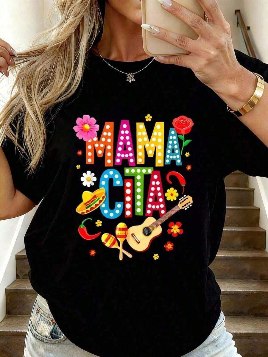 Nueva llegada 2026: camiseta de manga corta con cuello redondo para mujer. Hecho de 100% algodón puro con un corte holgado. Diseño casual y versátil con estampados, una prenda esencial en el armario. Perfecto para el transporte diario, citas informales y moda urbana. - Negro - Ver 1