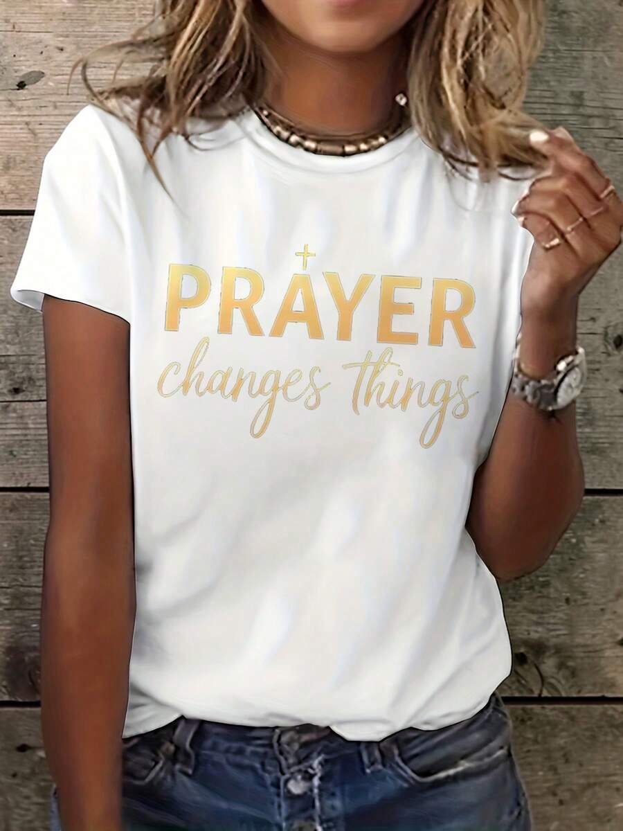 Women's Prayer Changes Things Christian Faith T-Shirt - Short Sleeve Crew Neck Casual Top With Prayer Letter Print, Non-Blouse Style Suitable For Church, Casual Wear And Gifts, Spring Summer Wardrobe Essential - 白色 - 查看 1