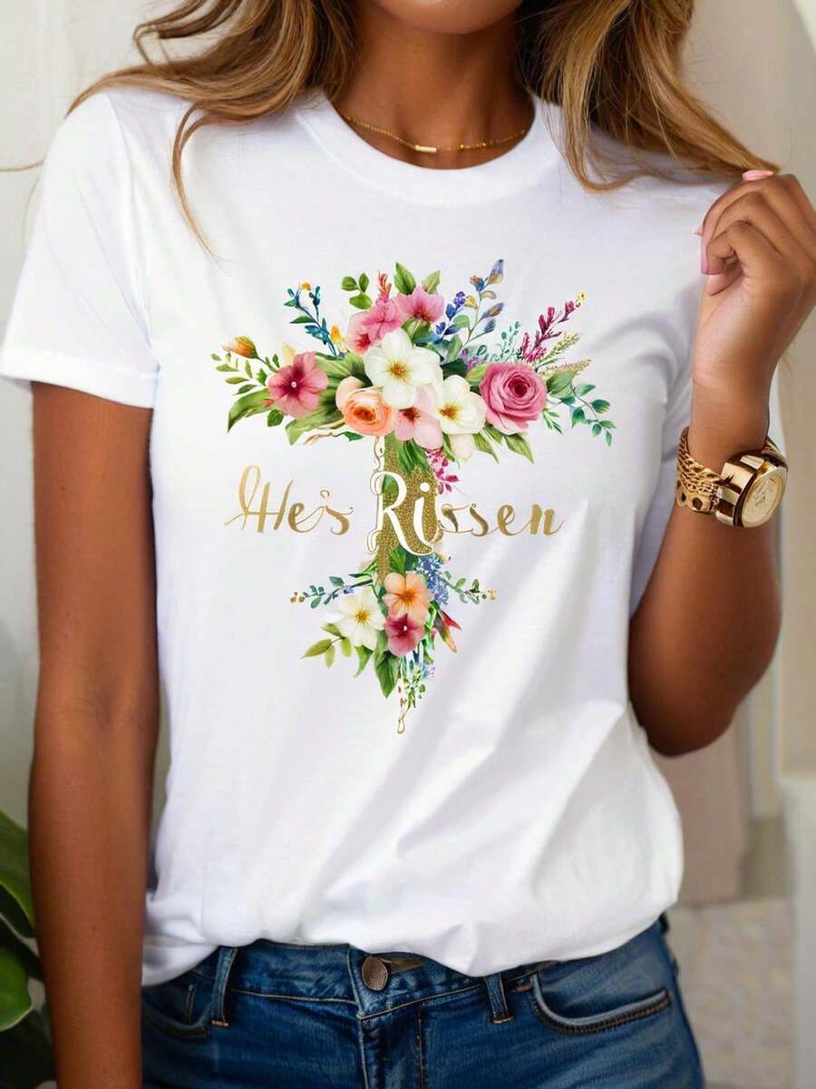 Camiseta Floral de Pascua para Mujer con Diseño Cristiano "Él Ha Resucitado" - Top Casual de Manga Corta y Cuello Redondo, Suave y Transpirable, Ropa Vibrante para Primavera y Verano, Lavable a Máquina con Estampado Floral Colorido de Cruz - Blanco - Ver 1