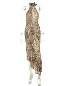 Leopard Print Dress With Halter Neck And Open Back, Fitted Cut - Gold - View 8