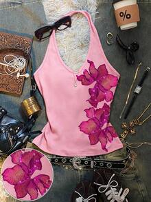 Top halter elegante y retro con bordados y lentejuelas para mujeres, perfecto para el verano.Estilo Y2K, diseño resistente, adecuado para uso diario, festivales de música, fiestas y vacaciones en la playa. - Multicolor 4 - Ver 6