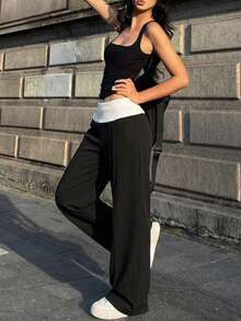 Women's Summer Low Waist Wide Leg Casual Pants, Black & White Waistband Design, Suitable For Daily Wear, Office, Party, Back To School, Halloween - Black - View 2