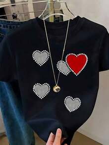 Respirable Playera Blanca de Mujer con Gráfico de 4 Corazones Rojos de Brillo y Borde Plateado, Camiseta de Estilo Aesthetic Brillante Manga Corta, Top Romántico y Femenino, Blusa Casual de Moda, ropa de calor mujer - Negro 1 - Ver 6