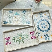 1个INS风格贝壳镶嵌装饰托盘，彩色拼布方形，手工镶嵌。适用于装饰客厅茶几、餐桌和日常收纳。也可作为节日礼物和派对餐桌装饰。 - 彩色 - 查看 8