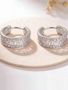 1 Pc Vintage Greek Key Motif Wide Earrings, Silver And Gold-Toned Earrings Jewelry For Women's Parties, Daily Leisure, And Vacations - Multicolor - View 6