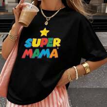 Camiseta Negra para Mujer con Estampado Super Mama Arco Iris Estrella Dorada Talla Oversize Moda Casual para Mamás Estilo Retro Colorido - Negro - Ver 7