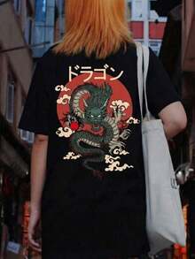 Camiseta casual de mujer con estampado gráfico de dragón estilo Ukiyo-E japonés, camiseta vintage de manga corta y cuello redondo de corte holgado, top de moda Y2K con estética Harajuku, ropa de calle, ligera, transpirable y cómoda para uso diario, ideal para convenciones de anime, eventos culturales japoneses, estilo callejero, festivales de música, salidas informales, regalo para entusiastas de la cultura japonesa y el arte del dragón. - Negro - Ver 6