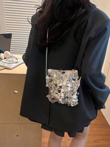 迷你亮片鏈條單肩包，個性化紋理極簡主義斜背包，優雅晚宴包，亮片手提迷你方包，時尚亮片女士手機包，鏈條裝飾可放手機與硬幣，適合購物 - 銀色 - 查看 6