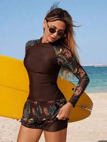Swim SPRTY Rashguard de manga raglán con estampado tropical para playa de verano - Marrón - Ver 6