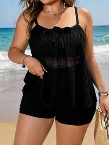 Swim Lushoire Nuevo conjunto de traje de baño de 2 piezas de talla grande para mujer con top de tirantes finos y estampado floral y shorts ajustados, casual para vacaciones - Negro - Ver 5