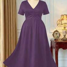 Rometta Elegant Casual V-Neck Pleated Design Short Sleeve Knit Plus Size Women Dress, New Arrival - Morado - Ver 1