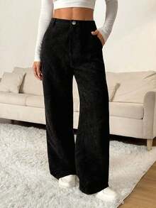 Pantalones rectos de unicolor casuales para mujer - Negro 2 - Ver 1