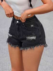 Pantalones cortos vaqueros casuales de mujer con bolsillos, dobladillo deshilachado y desgastados - Gris - Ver 6
