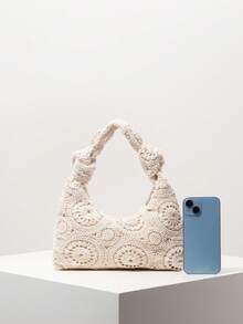 (Patrón aleatorio) Bolso de playa de estilo bohemio y floral para mujer, esencial para viajes, cruceros, conjunto de ganchillo de vacaciones para mujer, cartera elegante de mujer, regalo para ella - Albaricoque - Ver 4
