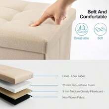 Folding Bench Ottoman Storage Seat Stool Trunk Toy Chest Bedding Or Blanket Box - Beige - View 5