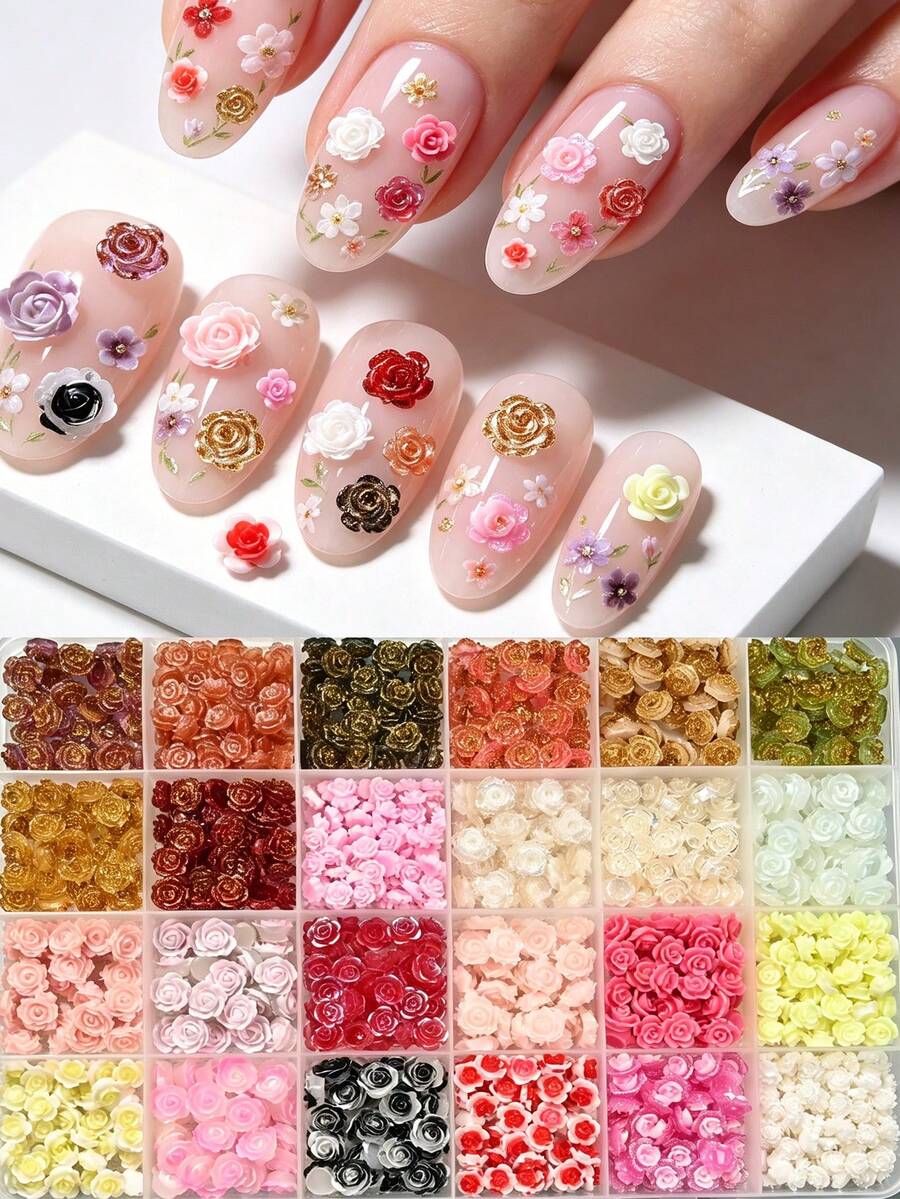 24Grids 混合迷你粉彩玫瑰美甲饰品 渐变闪光玫瑰带亮片山茶花复古浪漫美甲用品 DIY 春夏优雅婚礼美甲配件 女士女孩 - 彩色 - 查看 1