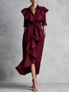 Vestido largo por debajo de la rodilla con cordón, corte holgado favorecedor, botonadura sencilla y volantes, nueva colección primavera-verano 2026 - Burdeos - Ver 3