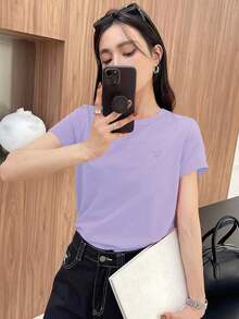 Y2K Style, Modern Style, The Newest Of 2026, Cute Style, Casual Style. Women's Loose-Fitting Casual Summer T-Shirt With Embroidered Heart And Letter Pattern, Red, 180g (S-XXXL) - 紫羅蘭色 - 查看 2