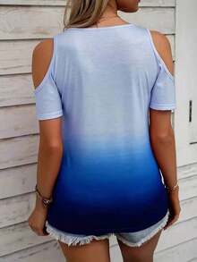 Camiseta de manga corta casual con cuello de corazón y hombros descubiertos, con estampado total de encaje floral 3D, adecuada para primavera/verano, viajes y salidas - Azul - Ver 2