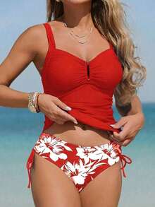 Swim Lushoire 2 piezas Traje de baño tipo tankini para mujer, torso fruncido con acabado en forma de U y estampado floral, casual y cómodo para nadar de vacaciones - Rojo - Ver 7