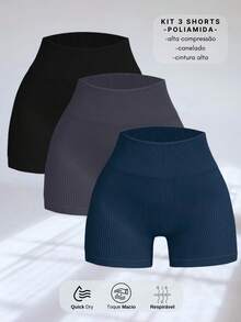 SET OF 3 SEAMLESS RIBBED SHORTS – HIGH COMPRESSION - 黑/灰/藍 - 查看 1