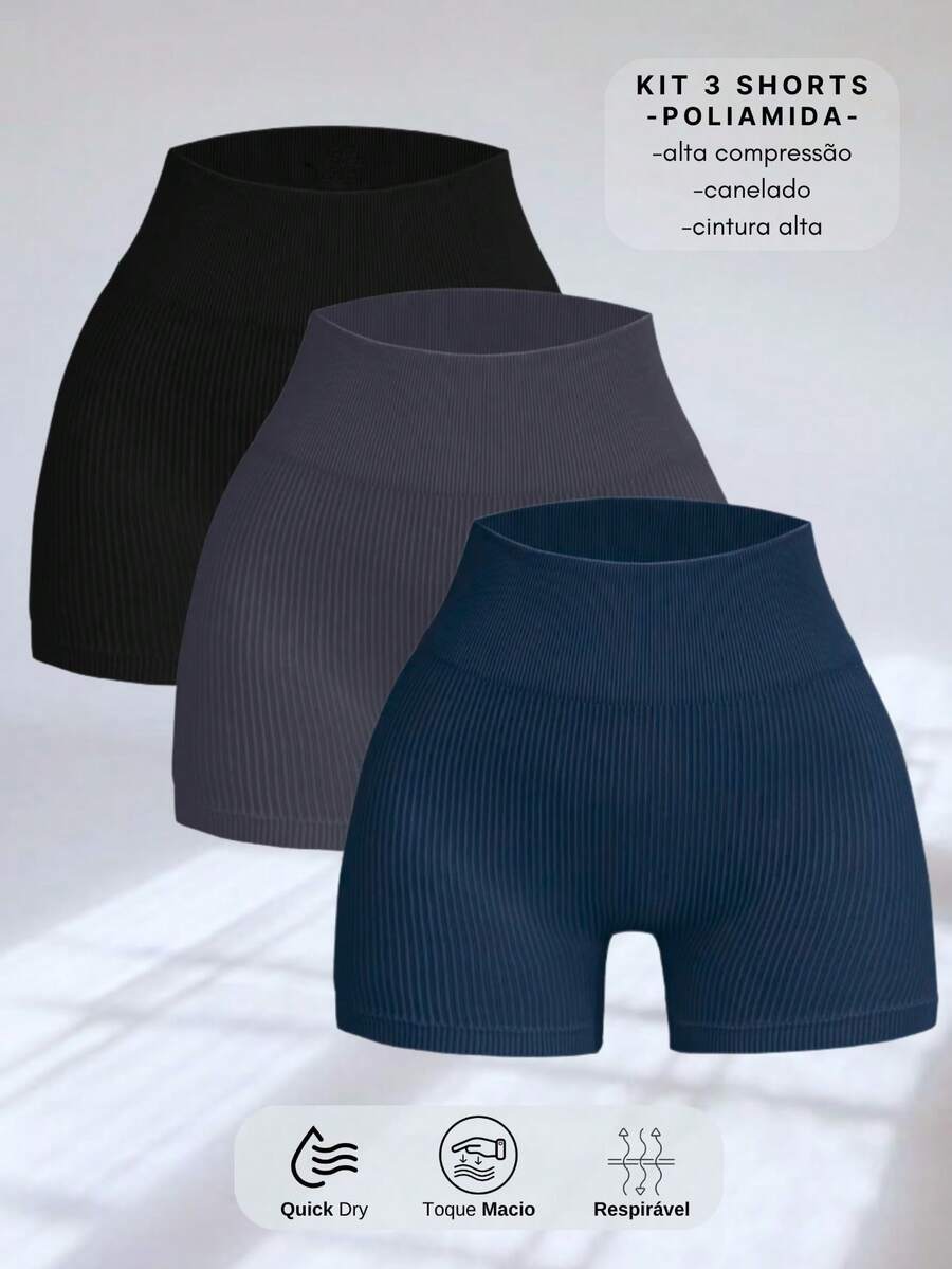 SET OF 3 SEAMLESS RIBBED SHORTS – HIGH COMPRESSION - 黑/灰/藍 - 查看 1