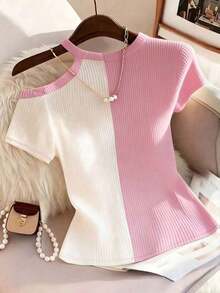 Camiseta casual de mujer con bloques de color y hombros descubiertos, para verano - Rosa Pálido - Ver 5
