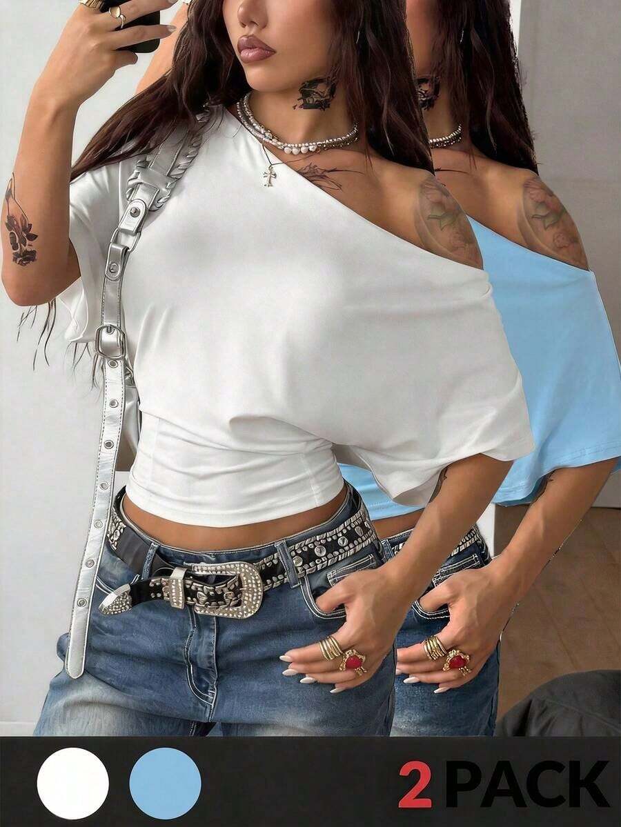 Camiseta esencial de uso diario con cuello asimétrico y cintura ceñida, apta para todo el año, para conciertos y raves con estilo Y2K para mujeres - Multicolor 6 - Ver 1