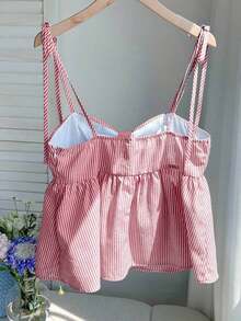 Camiseta sin mangas plisada y a rayas de verano para mujer, de estilo casual y vacacional - Rojo y blanco - Ver 2