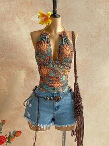 Top sin espalda con cuello halter y textura vintage para mujer, verano - Multicolor - Ver 3