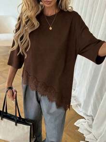 Camiseta casual de mujer con dobladillo asimétrico de encaje de unicolor, uso versátil diario, parte superior de ocio de primavera/verano, adecuada para vacaciones, verano, primavera, vacaciones de primavera y diversas ocasiones, incluyendo vestido de playa, camisa casual, ropa exterior y parte superior de verano.Marrón - Marrón - Ver 6