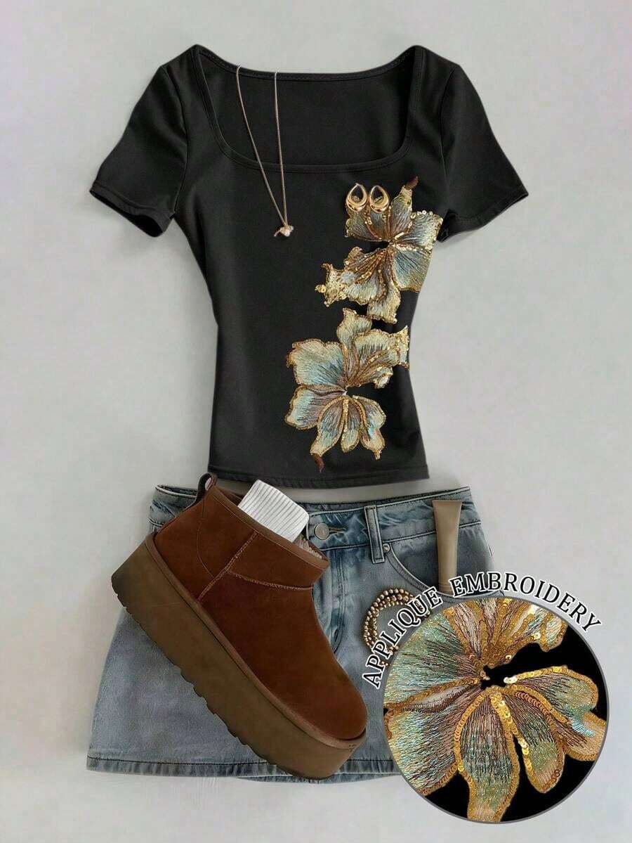 Clásica camiseta de manga corta con escote cuadrado y ajuste ceñido, con estampado de leopardo en negro y marrón claro, adecuada para primavera y verano, actualmente popular, camiseta de moda, hermosa camiseta, regalo para hermanos, regalo para hermanas, regalo para mamá, regalo del Día de la Madre, top de moda casual y sencillo - Multicolor 4 - Ver 1