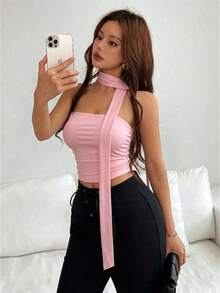 Top de bandeau fruncida con estampado de leopardo y bufanda - Rosa Pálido - Ver 4