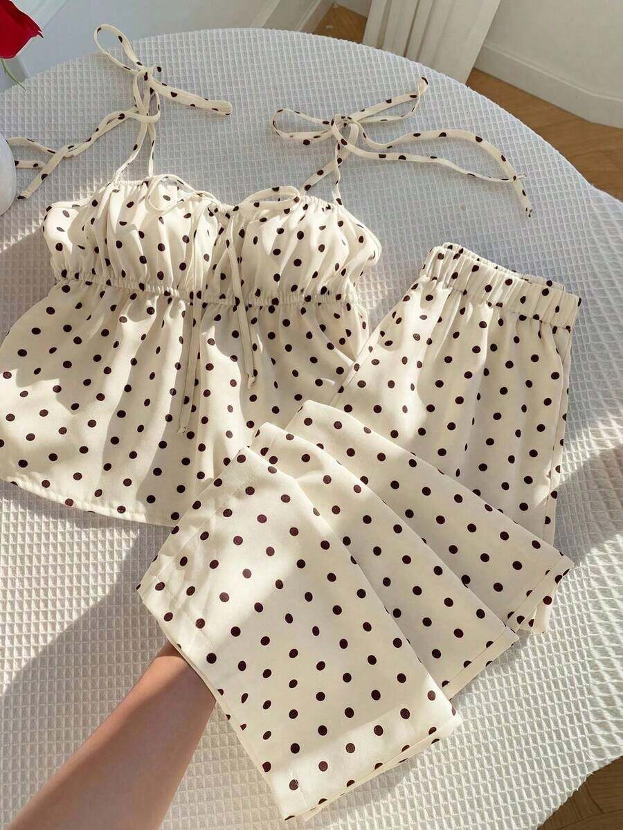 Conjunto de 2 piezas de top tipo camisola con hombros retorcidos y estampado de lunares, y pantalones de pierna ancha, para mujer, estilo casual de verano, retro y de playa - Amarillo claro - Ver 1