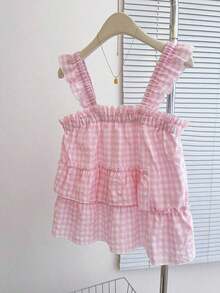 Blusa holgada sin mangas de estilo casual a cuadros para mujer, versátil para el verano - Rosa Pálido - Ver 4