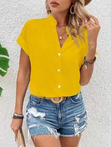 Blusa de manga corta de murciélago de unicolor para mujer, blusas de manga corta - Amarillo - Ver 1