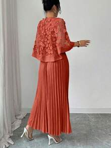Vestido con decoración floral elegante y bajo plisado, adecuado para bodas, fiestas de cumpleaños y otras ocasiones, otoño - Rojo - Ver 2