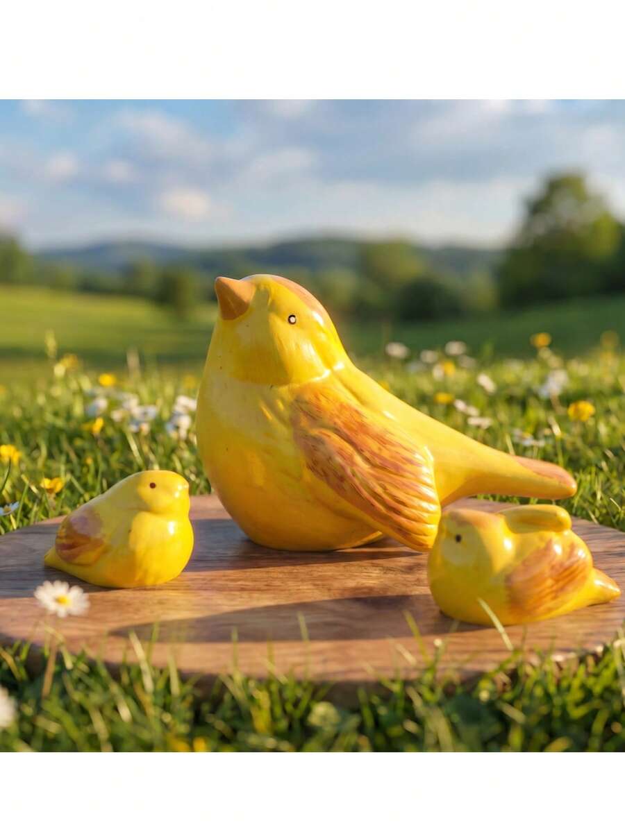 Trio de Miniatura Familia de Passarinho Amarelo de Porcelana - 3pcs - Visão 1