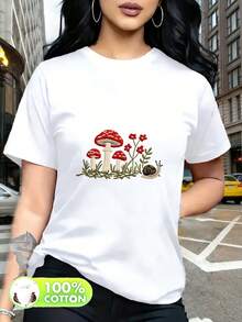 Women's Short Sleeve Printed Cotton T-Shirt, New Fashion 2026, With Mushroom And Flower Patterns, Vivid And Natural, Elegant, Casual, Versatile And Attractive. - 白色 - 查看 7