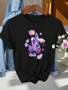 Elegante regalo de las mujeres con una camiseta de manga corta de cuello redondo con estampado floral de margarita de cristal púrpura, perfecta para la fotografía de moda, los desplazamientos, las vacaciones y el uso diario con un estilo vintage - Negro - Ver 2