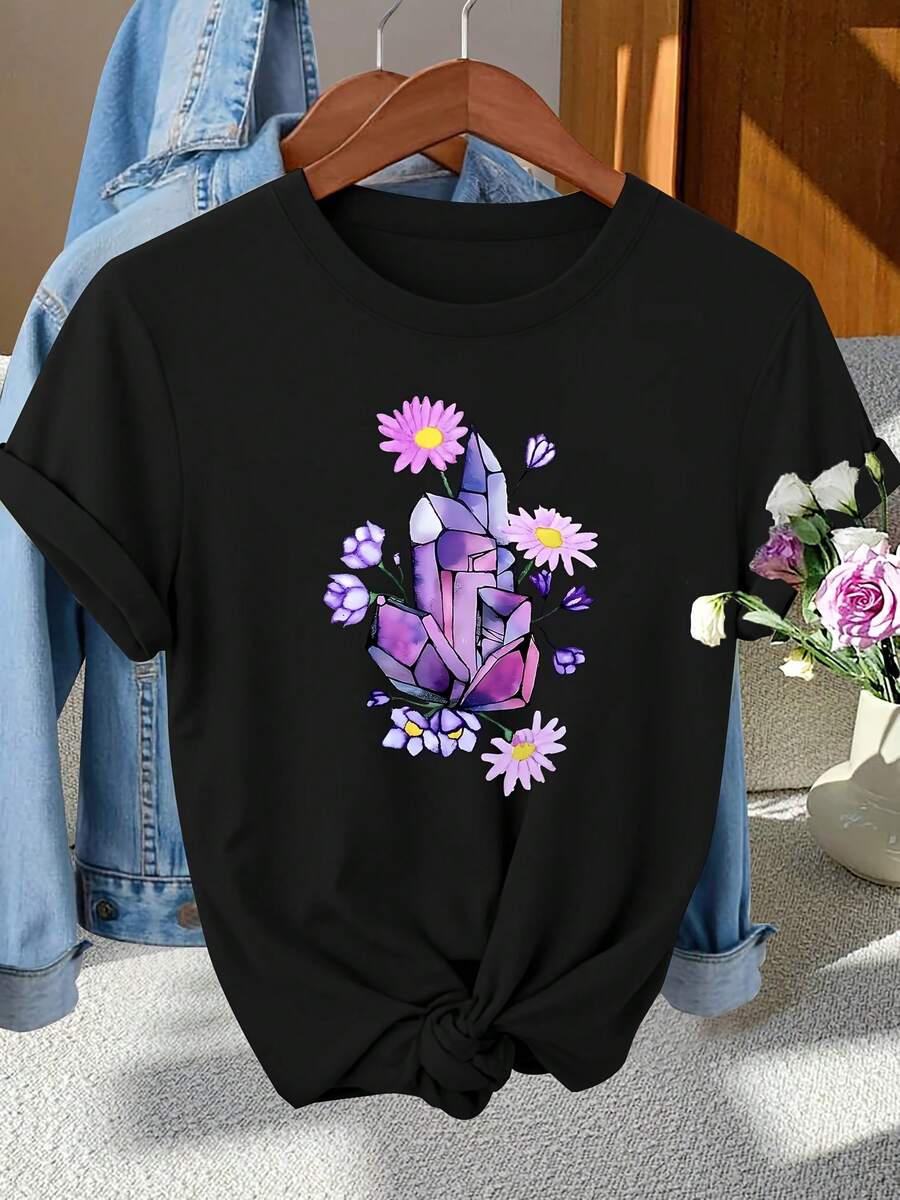 Elegante regalo de las mujeres con una camiseta de manga corta de cuello redondo con estampado floral de margarita de cristal púrpura, perfecta para la fotografía de moda, los desplazamientos, las vacaciones y el uso diario con un estilo vintage