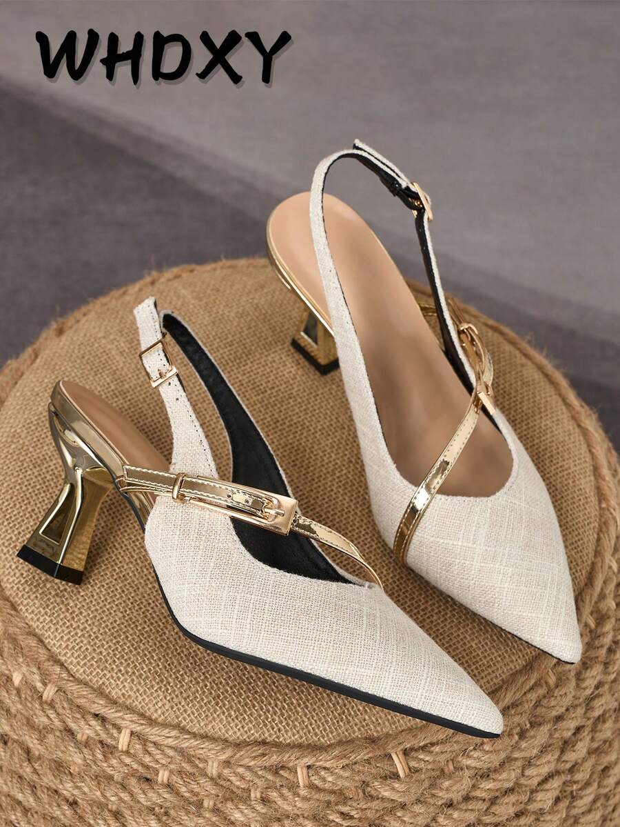 WHDXY 1 Pair Women's Pointed Toe Tweed Slide Sandals, New Summer Design With Metal Buckle Strap Backless Mary Jane Shoes, Gold 7cm Asymmetric Heel, Versatile For Commute, Daily Wear, Date, Party - Beige - View 1