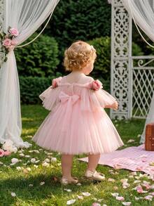 Baby Girls' Pink 3D Floral Mesh Princess Dress, Suitable For Girls' Birthday, Flower Girl, Wedding, Communion, Holiday Celebration, Vacation Dress - Baby Pink - View 1
