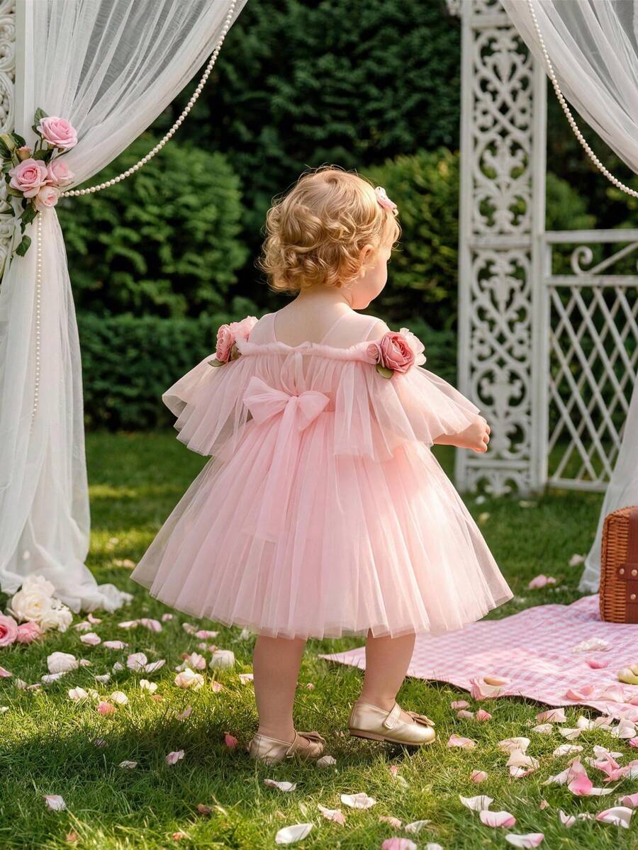 Baby Girls' Pink 3D Floral Mesh Princess Dress, Suitable For Girls' Birthday, Flower Girl, Wedding, Communion, Holiday Celebration, Vacation Dress - Baby Pink - View 1