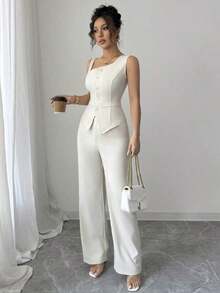 Conjunto de chaleco sin mangas y pantalones rectos para mujer, con tirantes, cierre de botones, para primavera/verano - Albaricoque - Ver 3