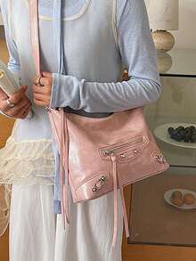 Fringe Rivet Motorcycle Style Underarm Bag, Women's New Large Capacity Tote Bag, Sweet & Cool One Shoulder Bag - Pink - View 3