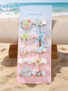 5pcs/Pack Mermaid Shell Hair Clips, Cute Korean Style Hairpins, Sweet Hairclips For Girls - Blue - View 7