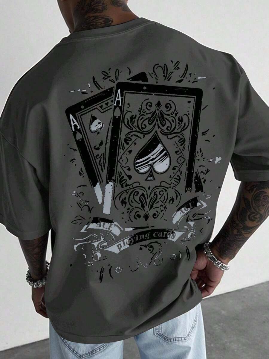 Camiseta de Manga Corta para Hombre con Estampado de Cartas de Póker, Camiseta Casual para Juegos de Azar, Camiseta con Diseño de As de Espadas - Gris oscuro 4 - Ver 1
